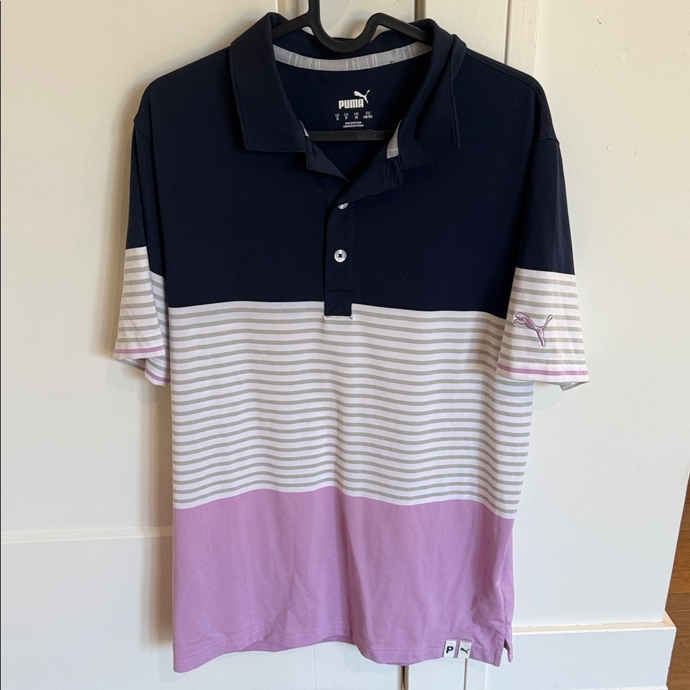 Puma Men's Navy and Lavender Striped Polo Shirt
